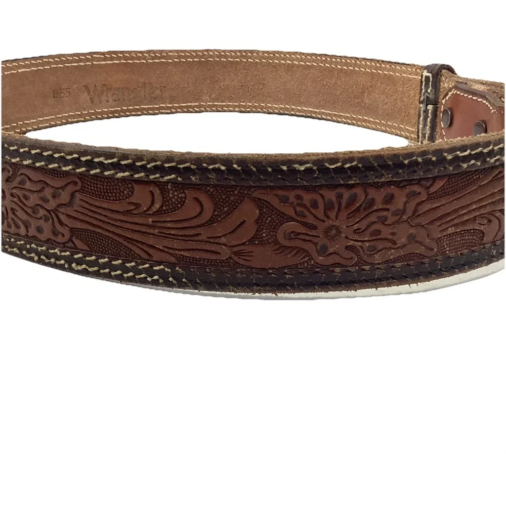 VINTAGE Wrangler Tooled Leather Western Belt Wildbunch Buckle 39